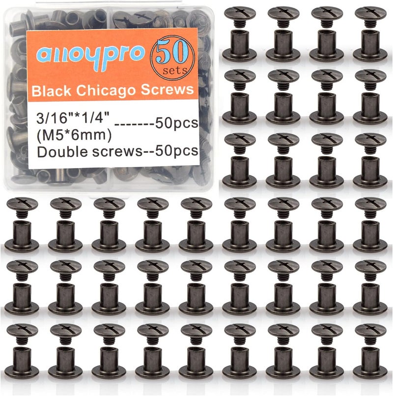 ALLOYPRO Gun Metal Chicago Binding Screws Assorted Kit Nail Rivet Chicago Button DIY Leather Decoration Bookbinding Round Flat Head Stud Screw (Gun Metal 3/16"x1/4"-50 Sets) - Image 1